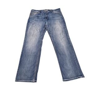 BKE Seth Straight Leg Jeans Mens 40x 32 Medium Wash Blue Denim Buckle Whiskered